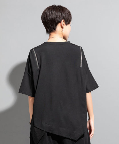 アシンメトリー半袖Tシャツ/カットソー ブラック ホワイト ／TEA