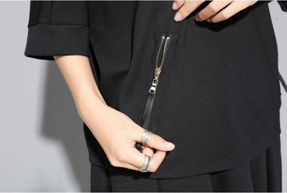ファスナー付き七分袖Tシャツ/カットソー 黒 ブラック ／ユニセックス モレビー