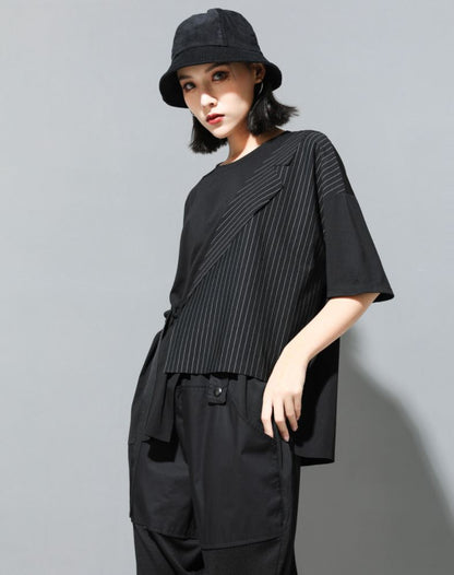 五分袖Tシャツ/カットソー ストライプ アシンメトリー ／ユニセックス モレビー