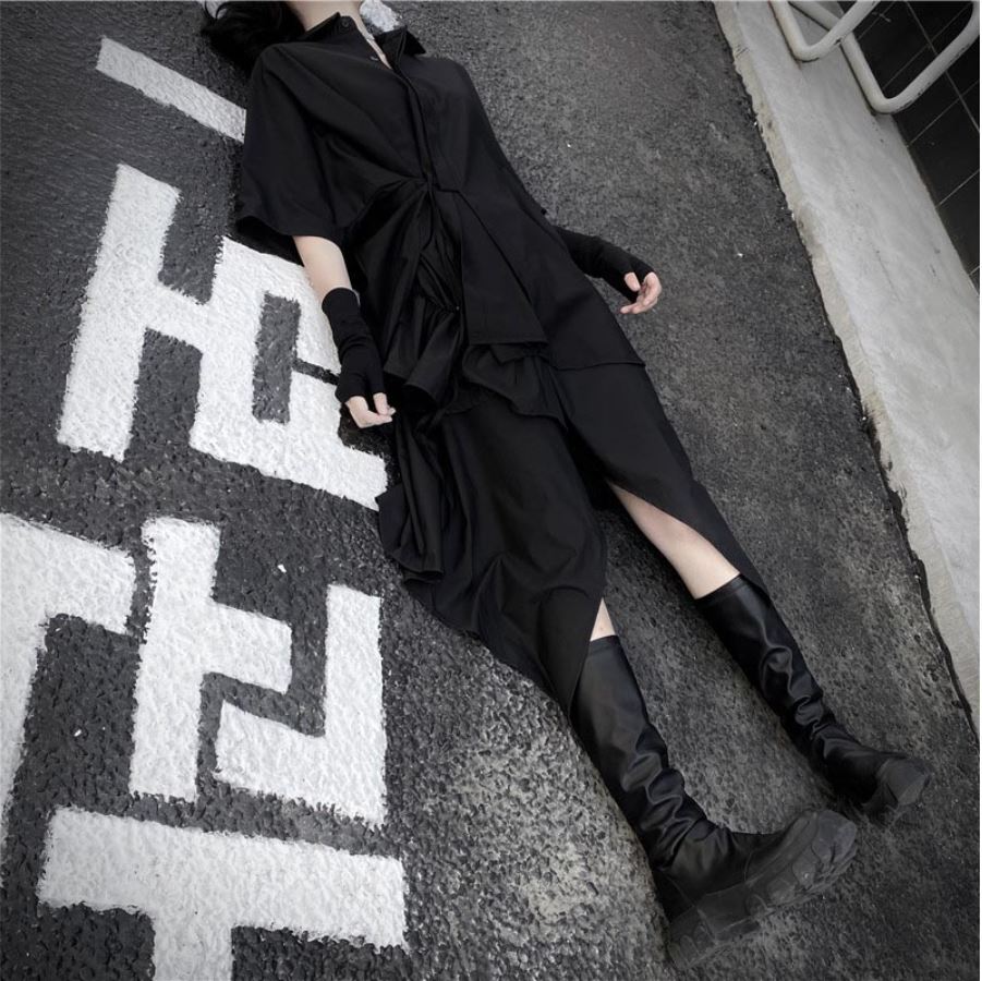 羽織風アシンメトリーシャツ  ブラック ／ユニセックス モレビー