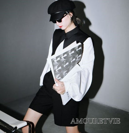 ロングTシャツ 長袖シャツ おしゃれ襟 セット モダン 白 ホワイト 黒 ブラック スタイリッシュ ／TEA