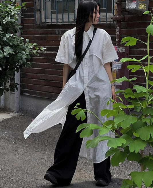 ロングシャツ 半袖シャツ ホワイト シフォン 薄生地 半袖 爽やか ／ユニセックス モレビー