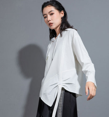 モダンアシンメトリー長袖Tシャツ/カットソー ブラック ホワイト ／TEA