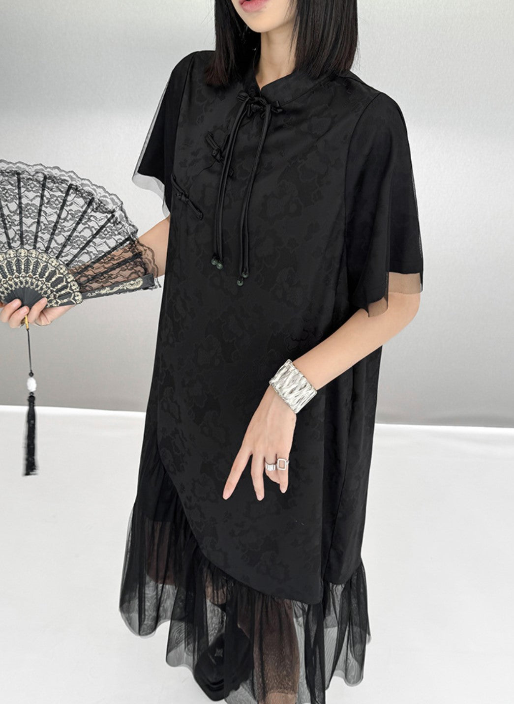 裾レース仕様アシンメトリーロングワンピース ブラック おしゃれ ／TEA