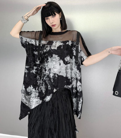 アシンメトリー半袖メッシュTシャツ ／TEA
