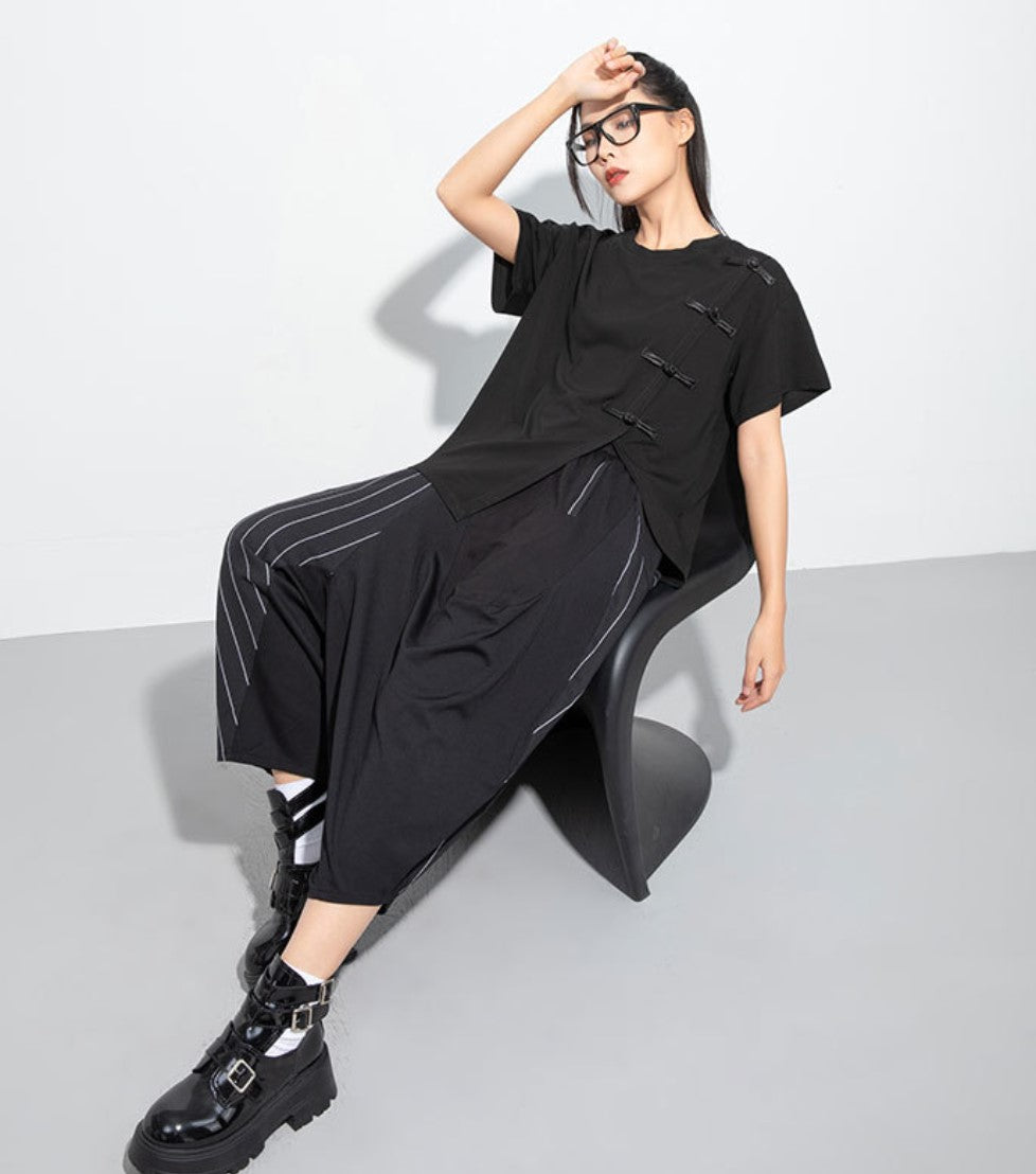 アシンメトリーカジュアルTシャツ/カットソー バックル ／TEA