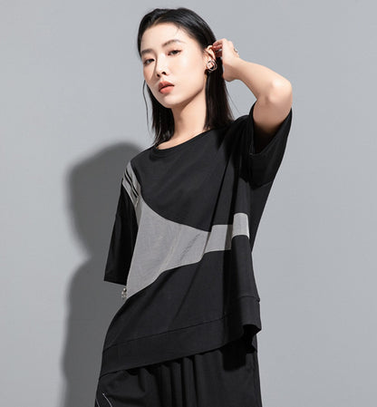 モノトーン半袖Tシャツ/カットソー ダブルファスナー ／TEA