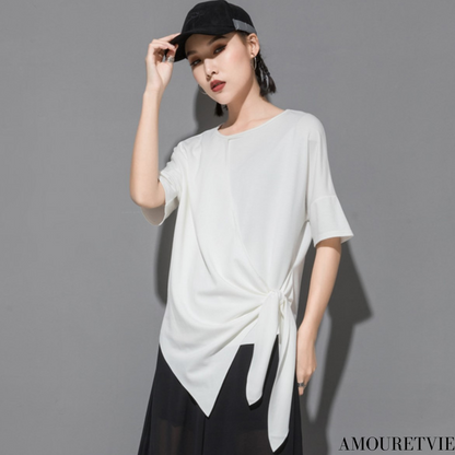 アシンメトリー半袖Tシャツ アシンメトリーカットソー ／ユニセックス モレビー