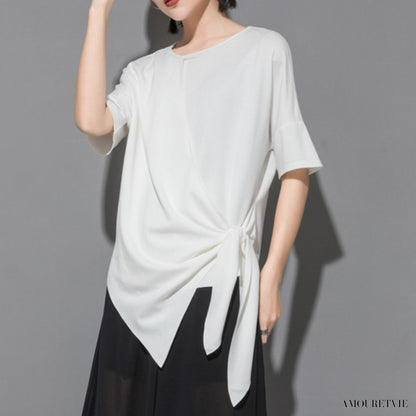 アシンメトリー半袖Tシャツ アシンメトリーカットソー ／ユニセックス モレビー