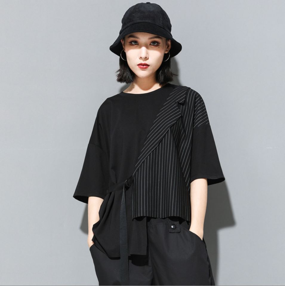 五分袖Tシャツ/カットソー ストライプ アシンメトリー ／ユニセックス モレビー