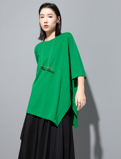スリット入りTシャツ/カットソー アシンメトリー 七分袖 無地 ／TEA