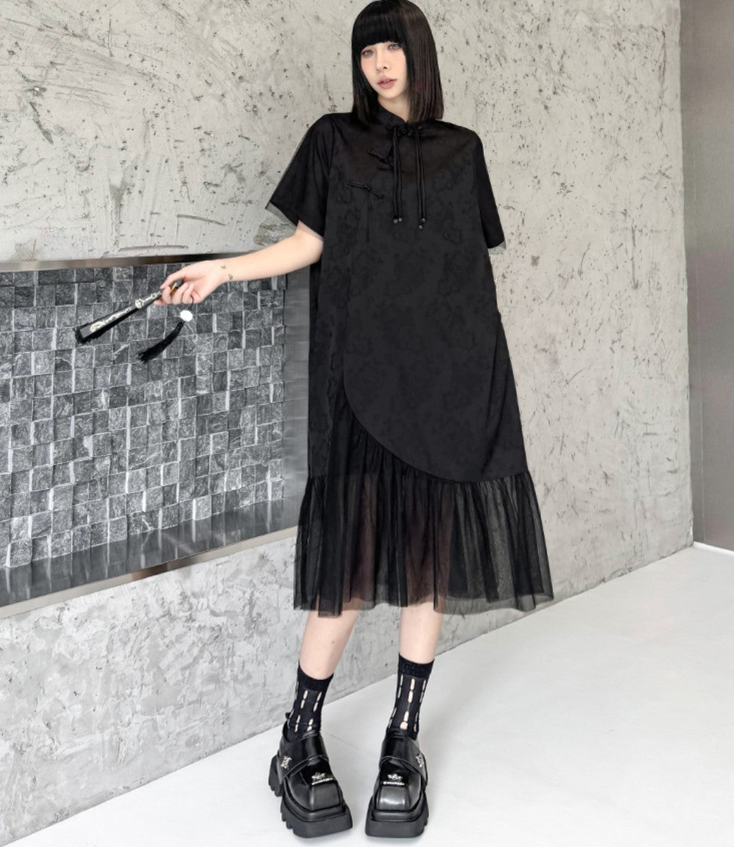 裾レース仕様アシンメトリーロングワンピース ブラック おしゃれ ／TEA