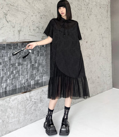 裾レース仕様アシンメトリーロングワンピース ブラック おしゃれ ／TEA