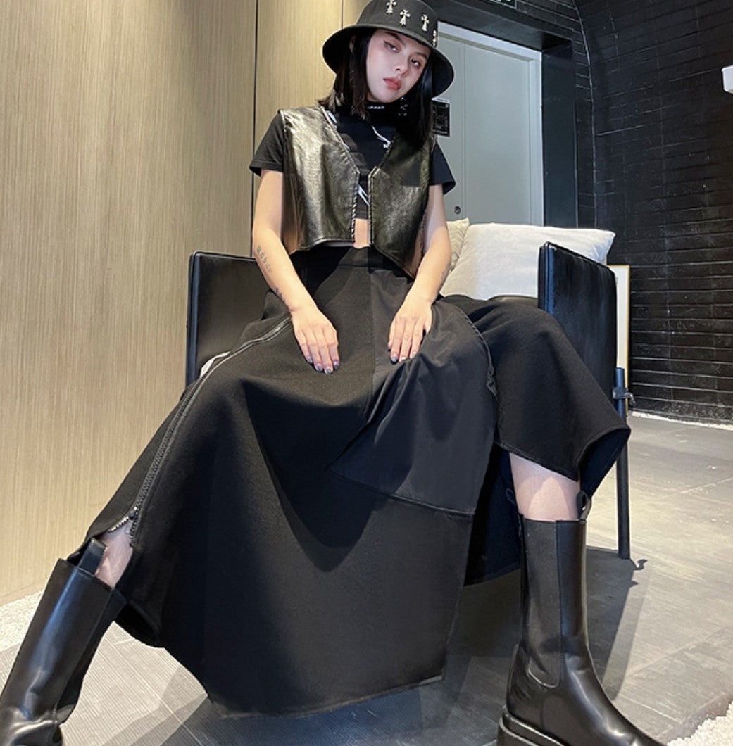 ファスナータイプアシンメトリーロングスカート モダン おしゃれ ／TEA