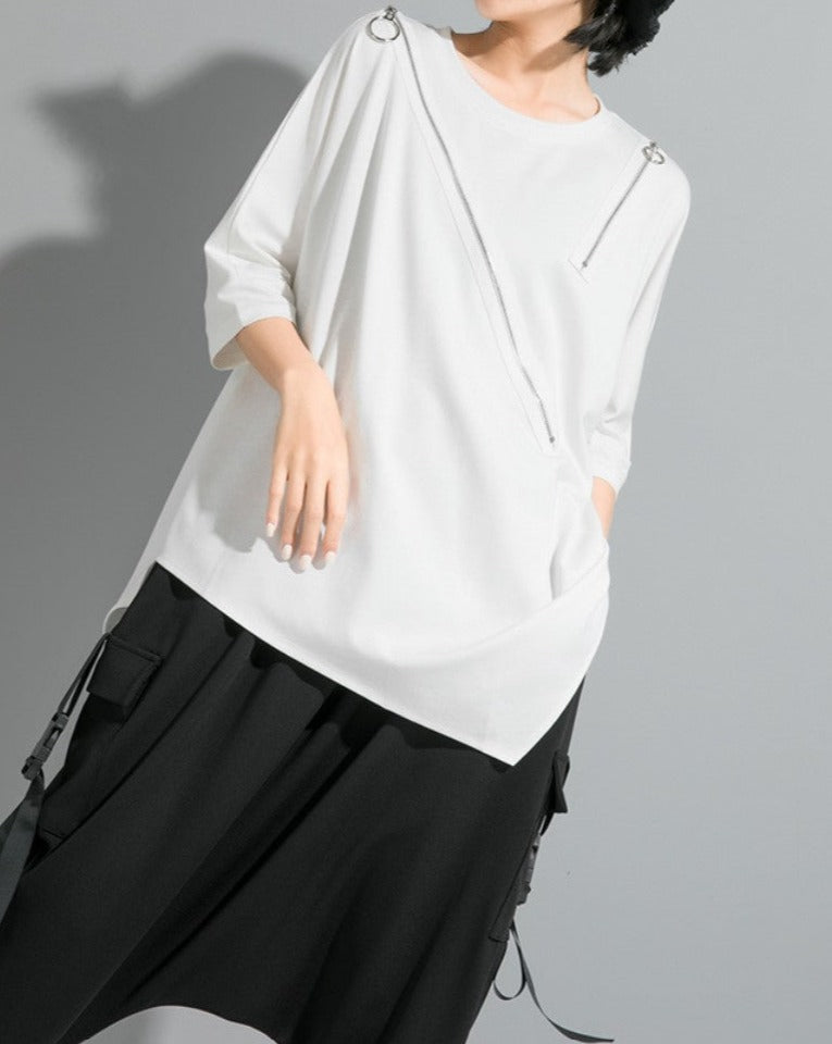 五分袖アシンメトリーTシャツ/カットソー ／ユニセックス モレビー