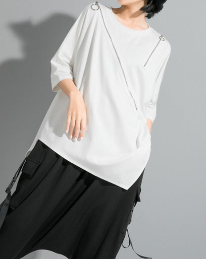 五分袖アシンメトリーTシャツ/カットソー ／ユニセックス モレビー
