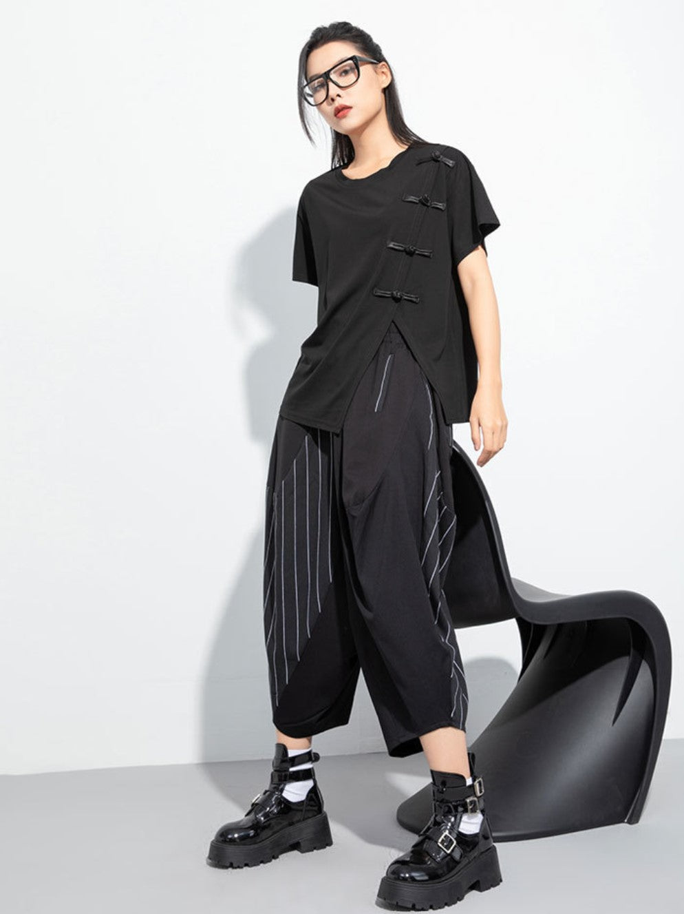 アシンメトリーカジュアルTシャツ/カットソー バックル ／TEA