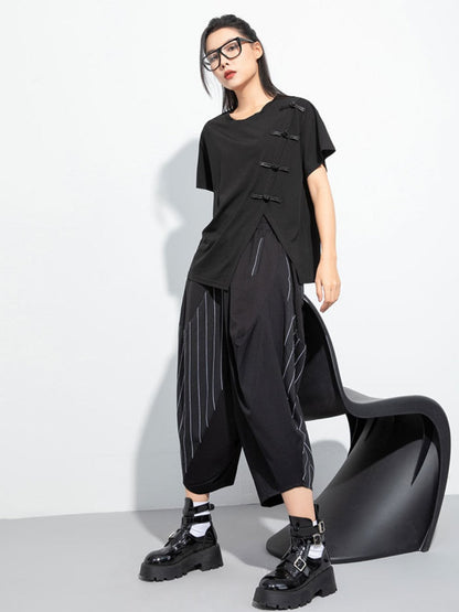 アシンメトリーカジュアルTシャツ/カットソー バックル ／TEA