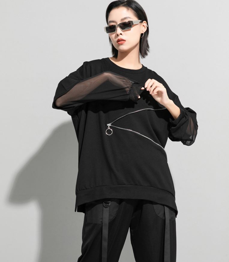 Tメッシュ仕様アシンメトリー長袖Tシャツ/カットソー ファスナー 黒 ブラック ／TEA