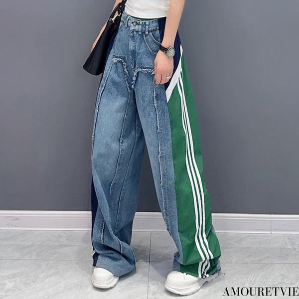 スリーラインアシンメトリーデニムジーンズ モダン ストリート ／レディース モレビー｜モード系ファッションブランド