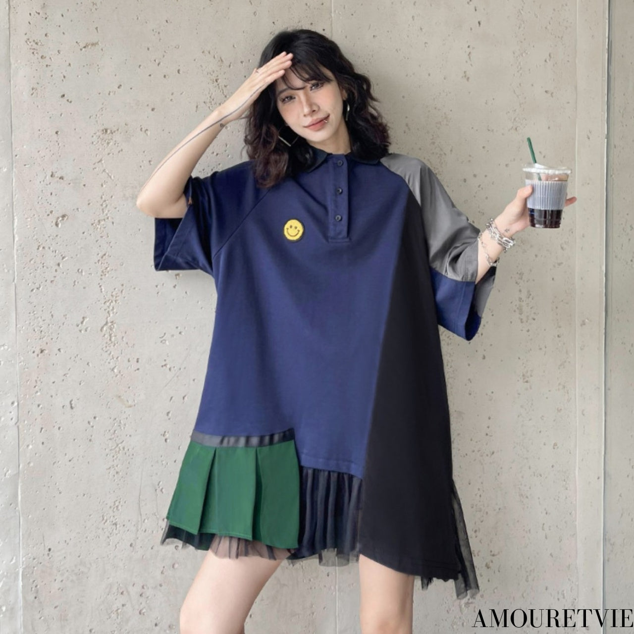 個性派アシンメトリーデザイン半袖ミニワンピース かわいい ／TEA