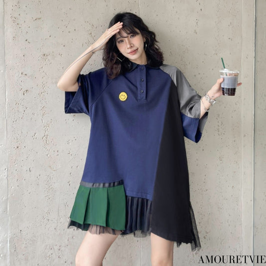 個性派アシンメトリーデザイン半袖ミニワンピース かわいい ／TEA