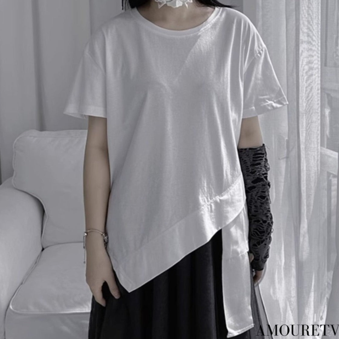 中性的 半袖アシンメトリーデザインTシャツ/カットソー ／TEA