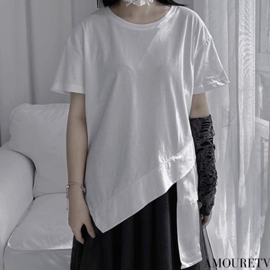 中性的 半袖アシンメトリーデザインTシャツ/カットソー ／TEA