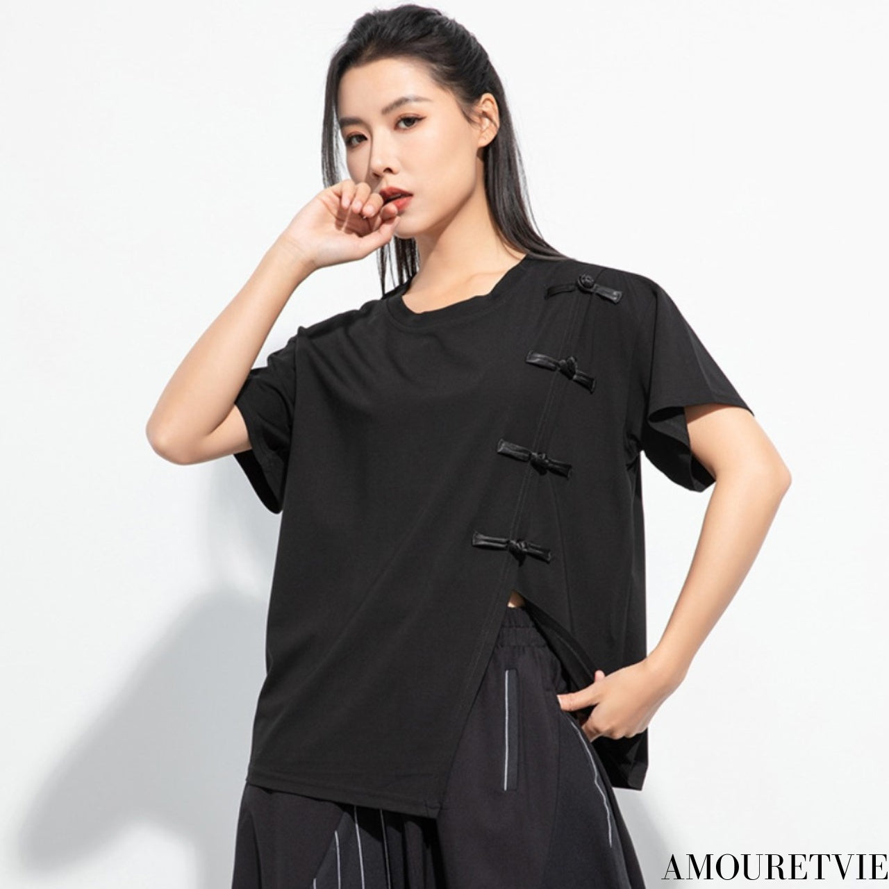 アシンメトリーカジュアルTシャツ/カットソー バックル ／TEA