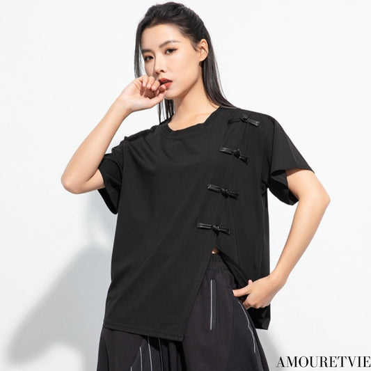 アシンメトリーカジュアルTシャツ/カットソー バックル ／TEA