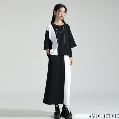 モノトーン上下セットアップ 半袖Tシャツ ロングスカート ／TEA