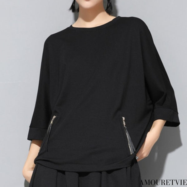 ファスナー付き七分袖Tシャツ/カットソー 黒 ブラック ／ユニセックス モレビー｜モード系ファッションブランド