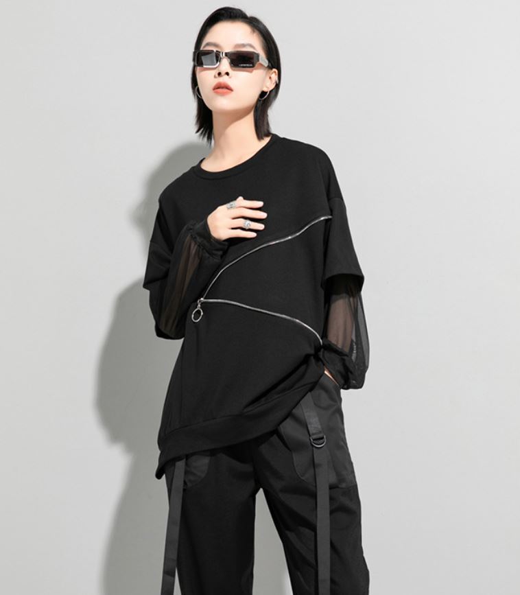 Tメッシュ仕様アシンメトリー長袖Tシャツ/カットソー ファスナー 黒 ブラック ／TEA