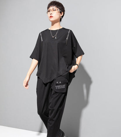 アシンメトリー半袖Tシャツ/カットソー ブラック ホワイト ／TEA