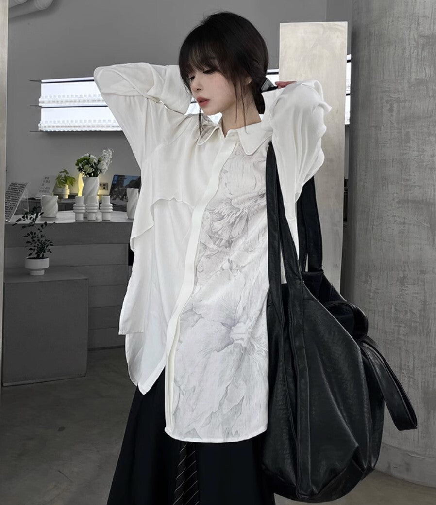 中性的 長袖ロング花柄シャツ ／TEA