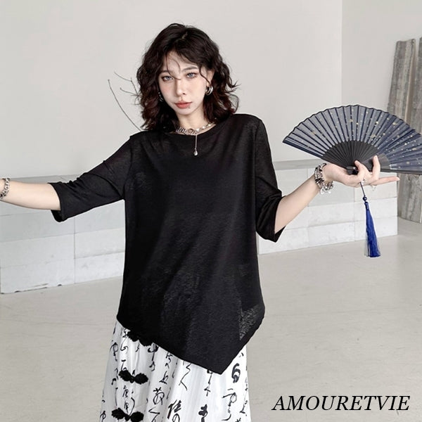 アシンメトリーメッシュ半袖Tシャツ シアーシャツ/カットソー 七分袖 ／TEA