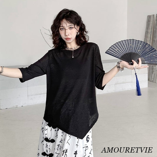 アシンメトリーメッシュ半袖Tシャツ シアーシャツ/カットソー 七分袖 ／TEA