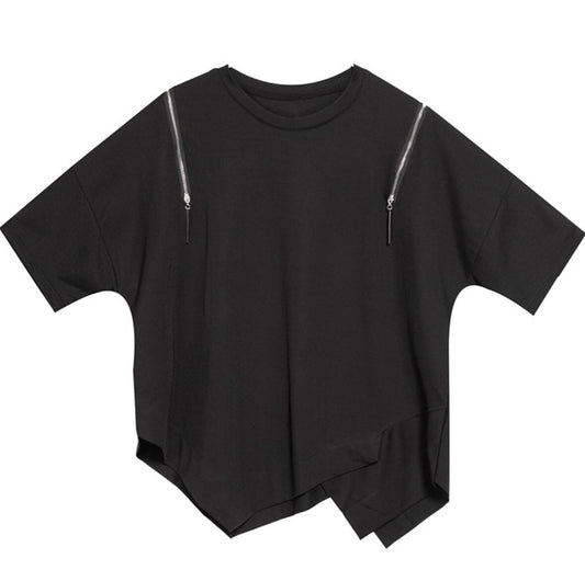 アシンメトリー半袖Tシャツ/カットソー ブラック ホワイト ／TEA