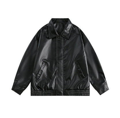 黒の襟付きオーバーサイズレザージャケット単体の商品写真（正面）。