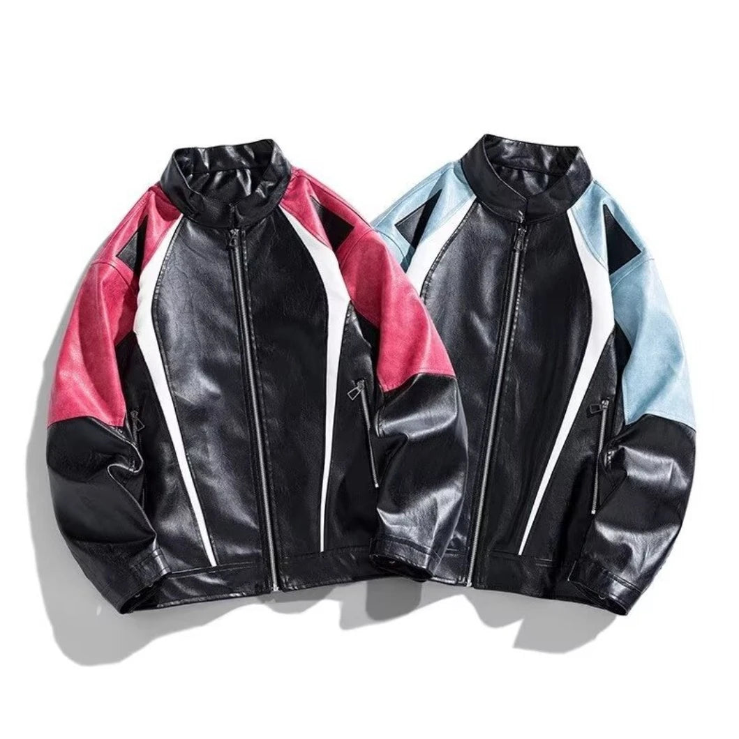 ブルーとレッドの配色ライダースジャケットが2着並んだ商品写真。