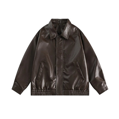 ブラウンの襟付きオーバーサイズレザージャケット単体の商品写真（正面）。