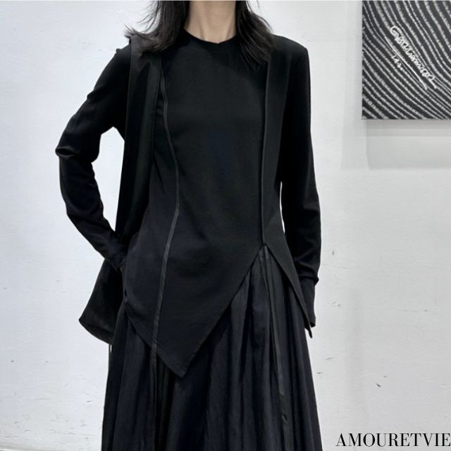 アシンメトリー長袖Tシャツ/カットソー ブラック ホワイト ／TEA