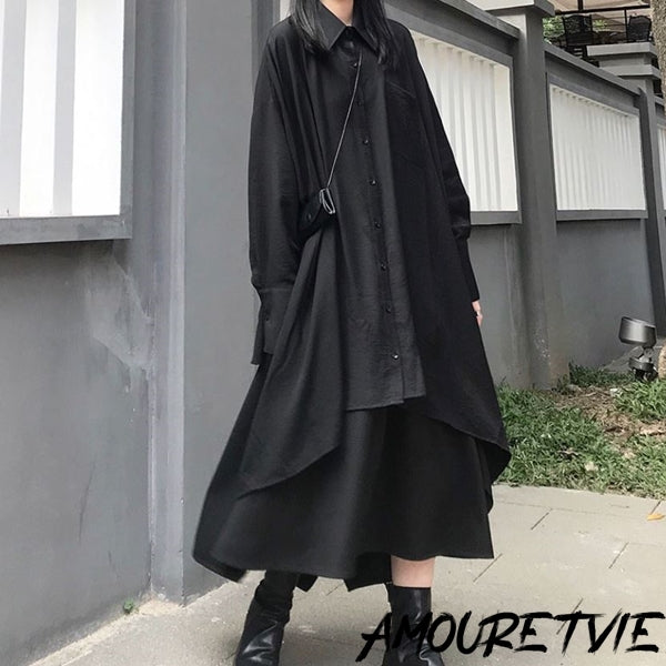 ロングシャツ ロングスカート 上下セット セットアップ ブラック ／TEA