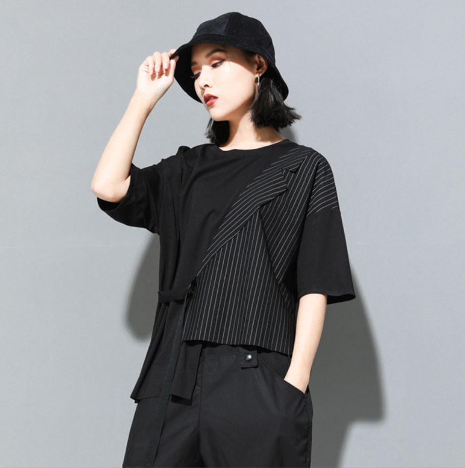 五分袖Tシャツ/カットソー ストライプ アシンメトリー ／ユニセックス モレビー
