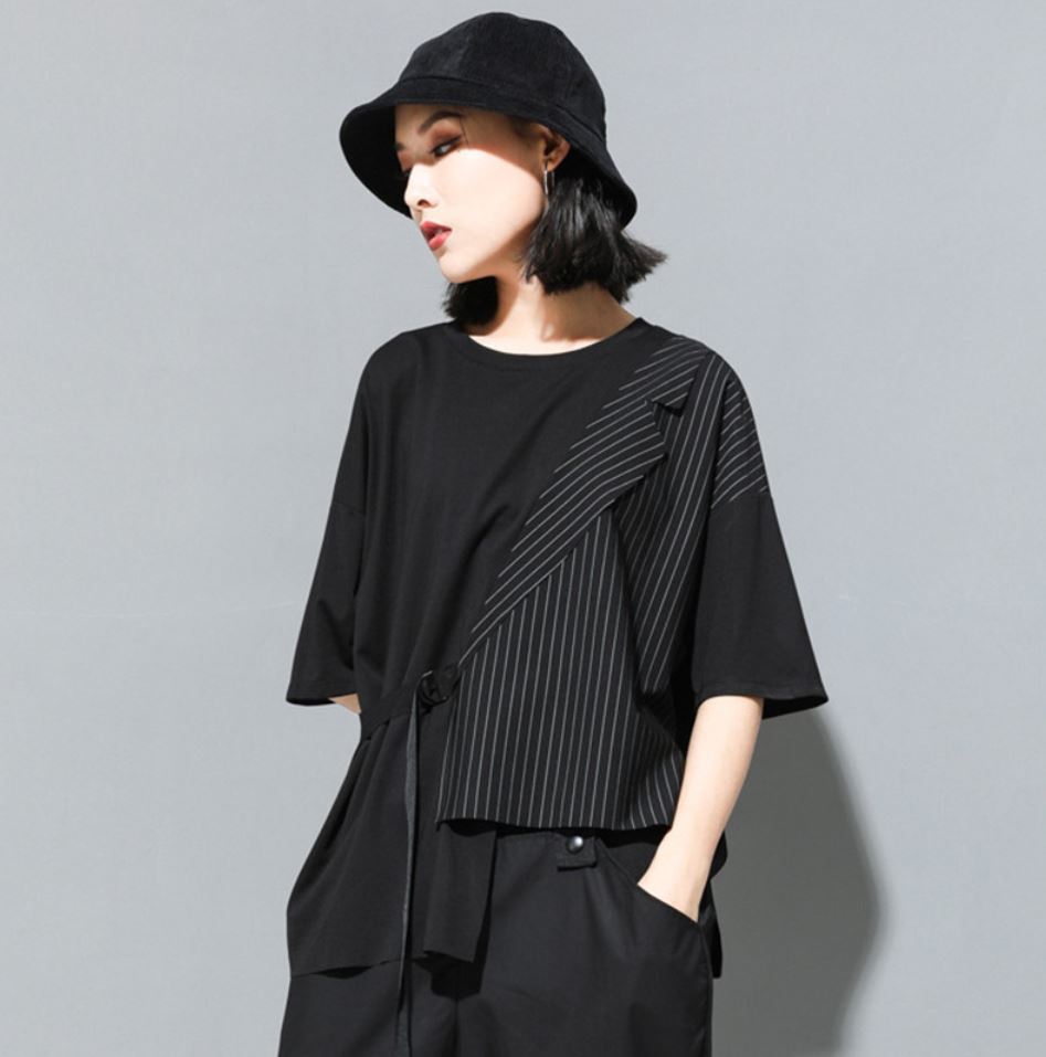 五分袖Tシャツ/カットソー ストライプ アシンメトリー ／ユニセックス モレビー