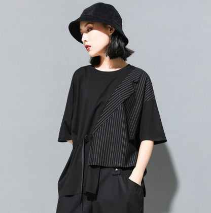 五分袖Tシャツ/カットソー ストライプ アシンメトリー ／ユニセックス モレビー
