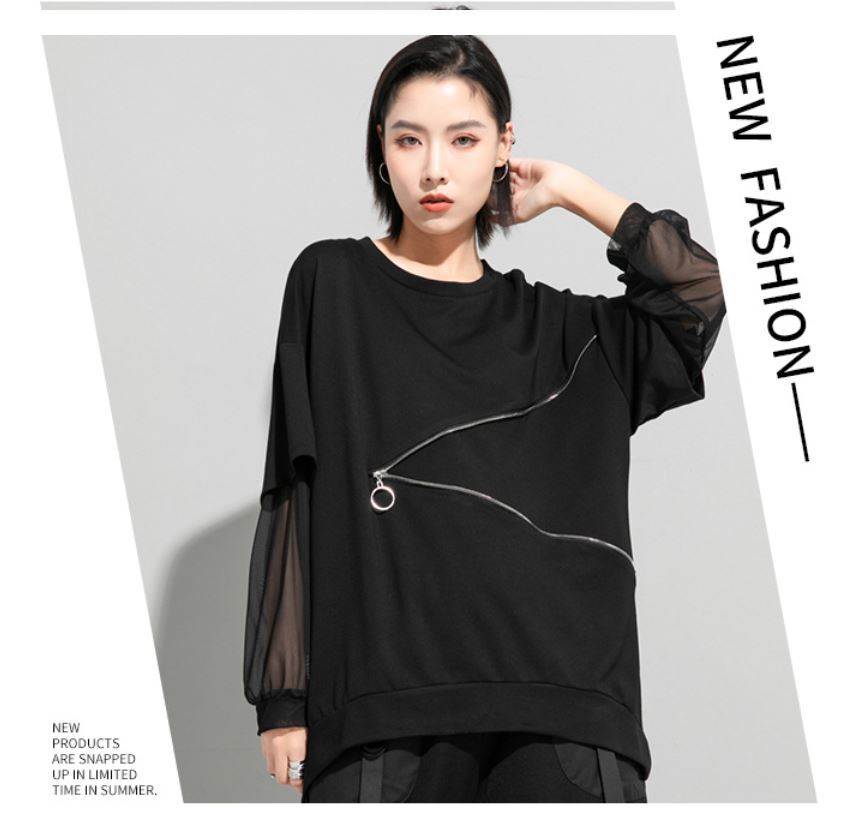 Tメッシュ仕様アシンメトリー長袖Tシャツ/カットソー ファスナー 黒 ブラック ／TEA