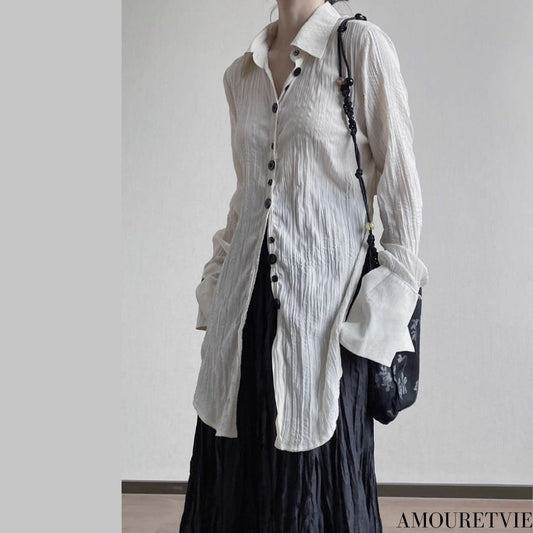 中性的 シワ加工モダンロングシャツ ホワイト ブラック ／TEA