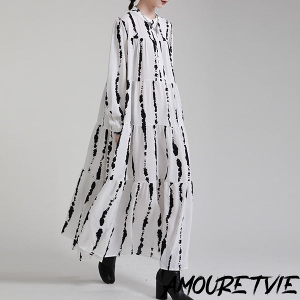 ゆったりストライプ白黒ロングワンピース ビッグシルエット ／レディース モレビー｜モード系ファッションブランド