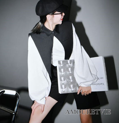 ロングTシャツ 長袖シャツ おしゃれ襟 セット モダン 白 ホワイト 黒 ブラック スタイリッシュ ／TEA
